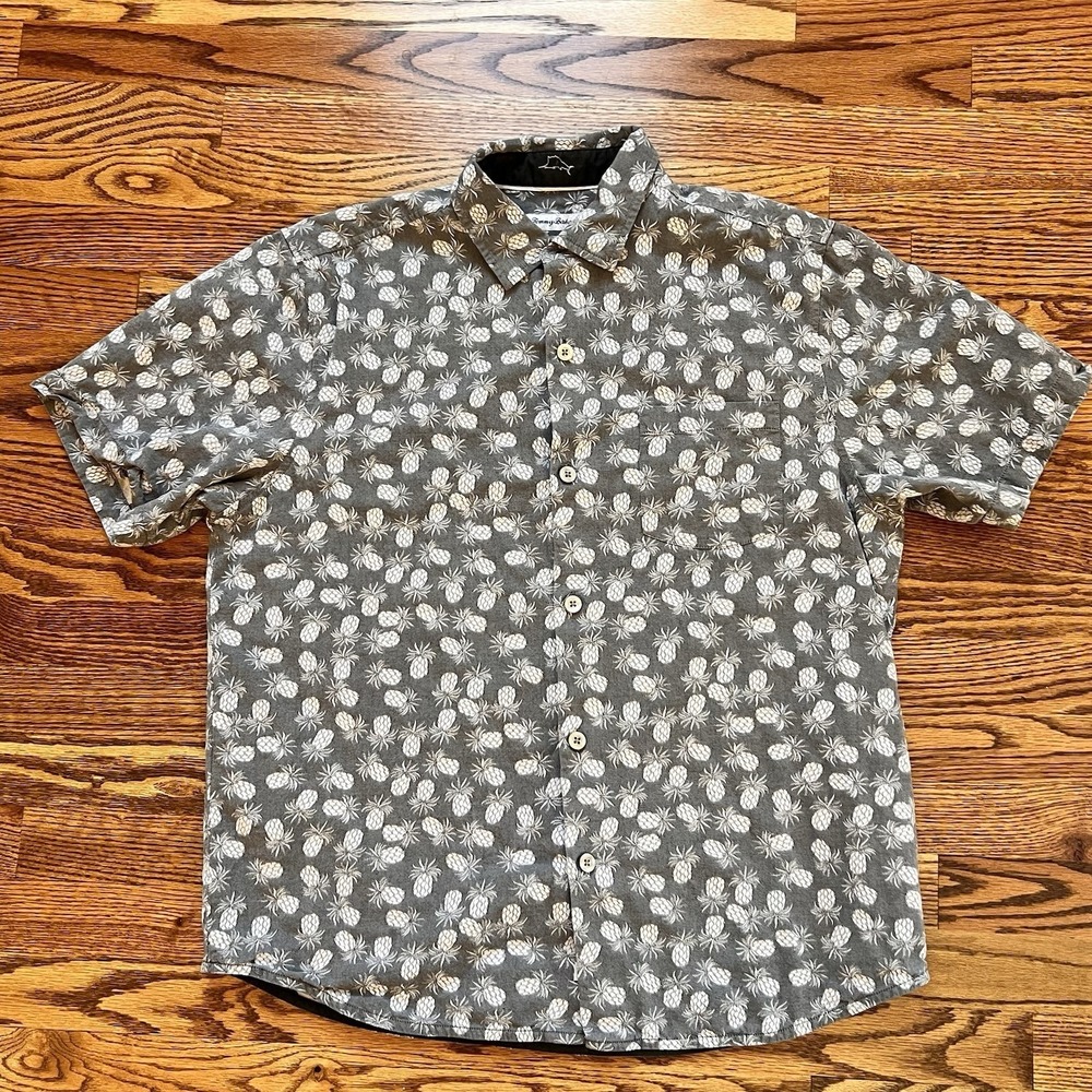 Tommy Bahama Positano Pineapple Button Front‎ Camp Shirt Graphite Gray Sz Lg